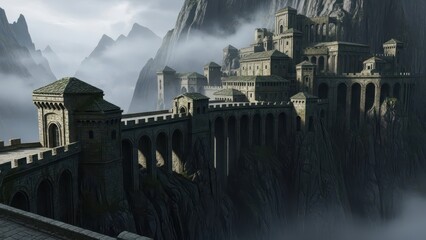 Majestic ancient fortress perched precariously atop a misty mountain range under a dramatic sky