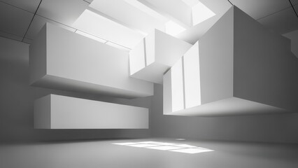 Modern minimalist architectural interior with dramatic lighting and geometric forms