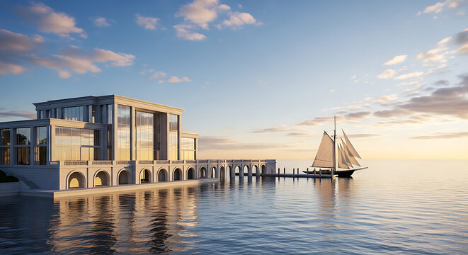 Modern waterfront villa with sailboat at sunset, serene water reflection