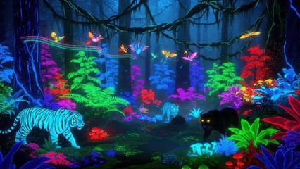 Enchanting bioluminescent jungle scene with a white tiger and glowing flora and fauna