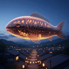 Enormous illuminated fish sculpture floats majestically over a glowing village at twilight