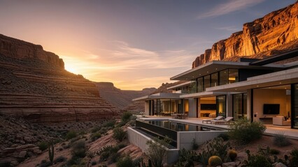 Luxurious modern villa with infinity pool nestled within dramatic canyon landscape at sunset