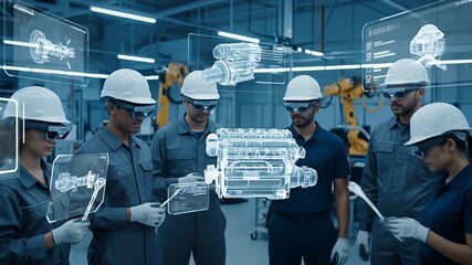 Engineers using augmented reality to inspect engine in factory. - Powered by Adobe