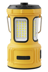 Fototapeta premium Yellow portable camping lantern with light panel and metal handle isolated on transparent background