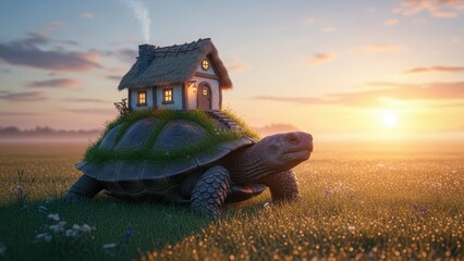 Whimsical giant tortoise carries a cozy cottage home across a sunlit meadow