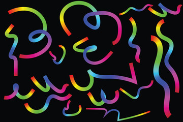 Neon rainbow squiggle lines on black background with colorful abstract gradient wave pattern