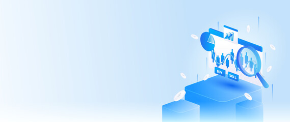 Isometric stock market data analysis with magnifying glass, business financial analytics dashboard, and stock market research concept in banner web.