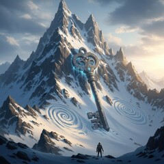 Majestic snow capped mountain peaks under a dramatic sky with a lone figure in the foreground