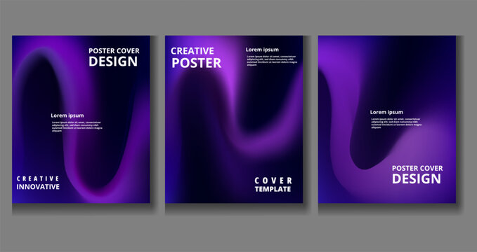 Three abstract square graphic design templates featuring a vibrant, flowing purple and black gradient background suitable for modern digital or print media covers and posters