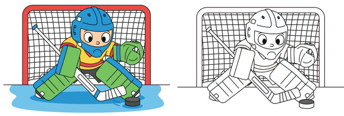 Cartoon ice hockey goalie vector illustration. Coloring book page for kids showing colored and outline versions of a boy playing sports as a goalkeeper blocking the puck.