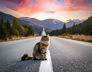 Cat sits on a road stretching towards mountain peaks under a vibrant sunset, trees line roadside