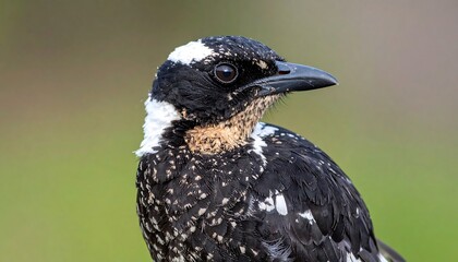 Bird with speckled black feathers and white patches against a soft green background