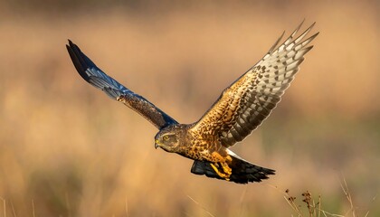 Bird with speckled wings soars over grassland; wings extended, mid-flight on hunt
