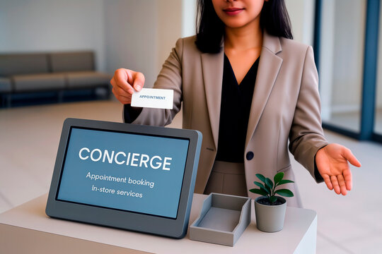 Concierge at a Digital Service Desk Holds Out a Paper Appointment Card