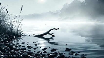 Misty Morning on a Serene and Foggy Lake with Reeds.