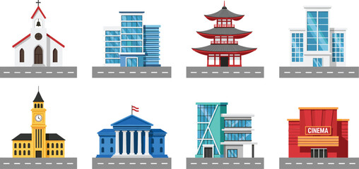 Fototapeta premium City buildings and architecture icons illustration set featuring church, modern offices, pagoda, government buildings, clock tower, cinema, and urban landmarks