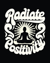 Silhouette figure meditates amidst radiating lines under the words Radiate Positivity on dark backdrop