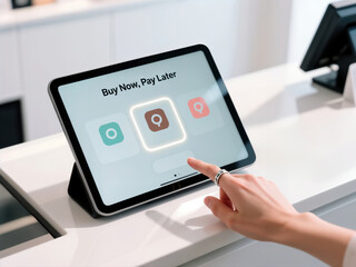 Person Using a Buy Now Pay Later Option on a Tablet at a Counter