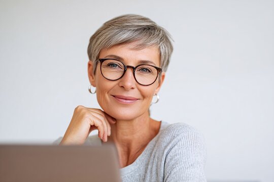 Close-up of an older woman smiling, reflecting a positive attitude towards professional growth