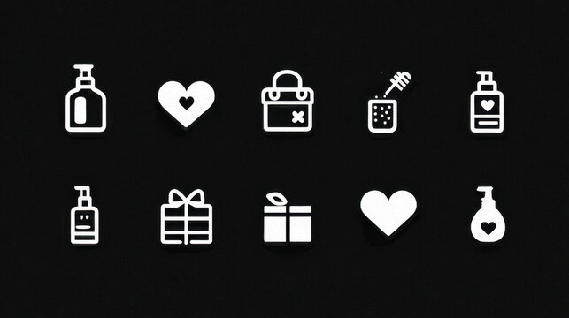 Set of Elegant Self-Care Icons Soap Dispenser, Heart, Gift, and More in Minimalist Style on Black