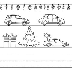 Christmas drawing. Cars, tree, gift boxes. Garland on top. Coloring page, blank lines to write on the bottom