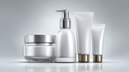 Luxurious cosmetic skincare products arranged on a reflective surface, showcasing beauty and wellness
