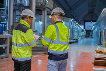 Engineers inspecting machinery and workers organizing inventory on shelves inside a busy warehouse, demonstrating teamwork, productivity, and industrial efficiency in a modern logistics facility.