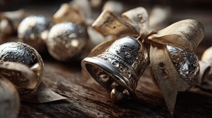 holiday decorations with silver bells and ribbons,