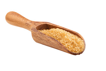 Wooden scoop filled with brown sugar isolated on transparent background