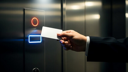 Man in suit uses access card to activate elevator floor button with neon lights