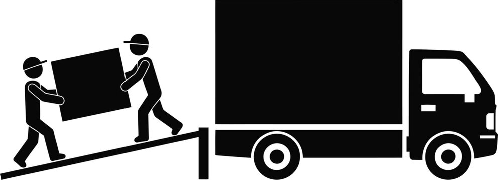 People loading cargo onto a delivery truck using a ramp