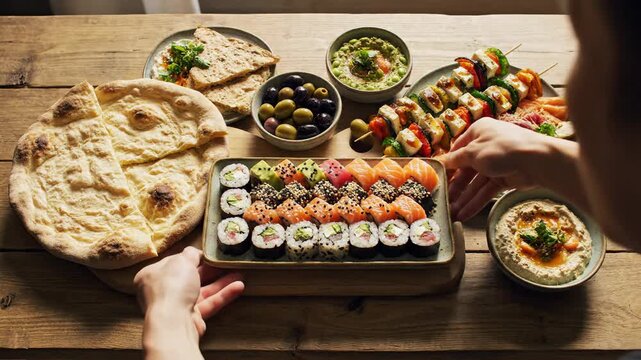 Freshly baked naan bread with assorted dips and vegetable skewers on rustic wooden table