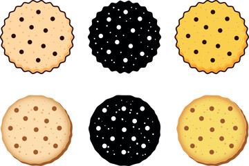  Cookies and biscuits icons set – round chocolate chip crackers, scalloped edge butter cookie mix – vector icon