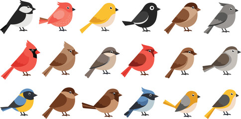 Cute garden bird illustration set featuring colorful small songbirds, forest wildlife species, and adorable perched avian characters in flat vector style © MdMojnu