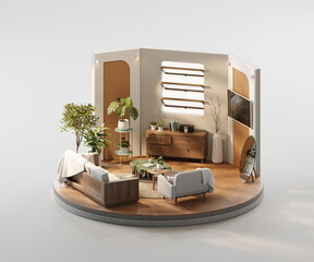 Isometric view round living room cozy style open inside interior architecture 3d rendering	
