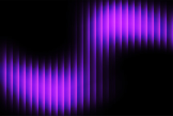Abstract digital background featuring a vibrant sshaped wave pattern composed of glowing vertical purple light bars against a stark black backdrop, creating a sense of futuristic motion and energy