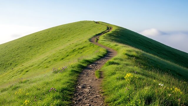 Winding dirt hiking trail ascending a lush, vibrant green grassy hill under a clear blue sky, suggesting journey, nature, and outdoor adventure