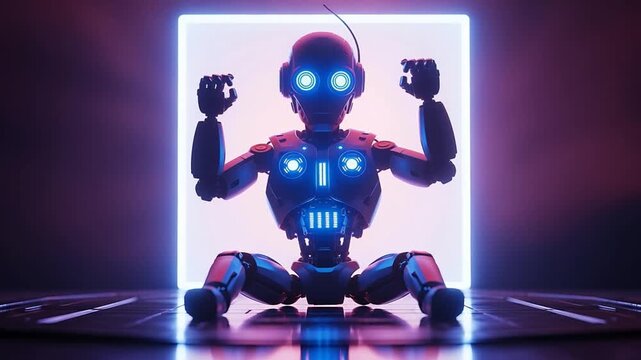Futuristic neon robot meditation and arm gesture loop in glowing cube scene.