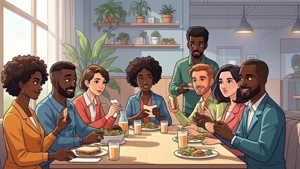 Diverse Group Enjoying a Meal Together in a Bright Cafe.