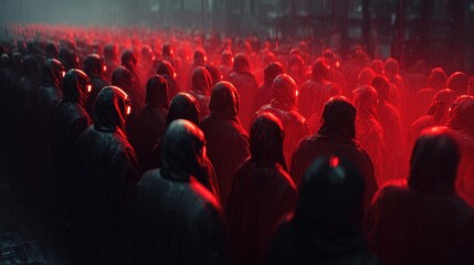 Futuristic AI Scanning Protest Crowd with Red Highlights in Dystopian Setting