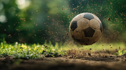 Naklejka premium Soccer ball kicking up grass and dirt mid-air in dynamic close-up with motion blur and flying soil on outdoor field in dramatic sunlight
