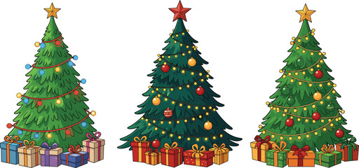 Decorated Christmas tree vector set with ornaments, lights, star topper, and gift boxes for holiday celebration, winter season, festive greeting, and New Year designs