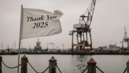 Thank You 2025 Flag at Industrial Port with Cranes.
