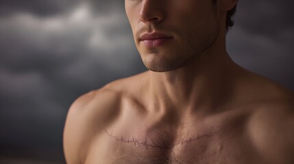 Fototapeta premium Man s bare chest with EKG line tattoo against dramatic stormy sky