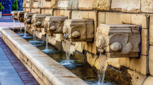 fountainhead. A classical stone water fountain sculpture in a town square, water flowing from its crevices. real-estate listings.