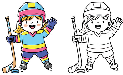 Cartoon ice hockey player vector illustration. Coloring book page for kids showing a colored and outline version of a happy girl in uniform holding a stick and waving near a puck.