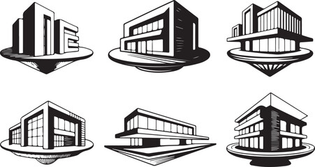 Obraz premium Futuristic Building Structures Collection Architectural Concepts for Urban Development and Modern City Planning in Isolated Vector Art Designs