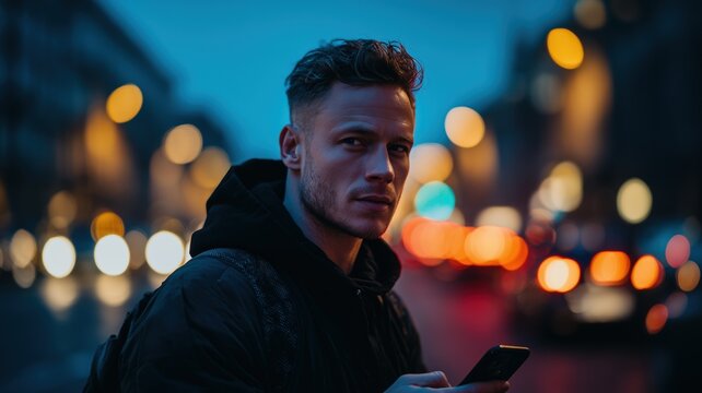 A focused man in modern streetwear jacket holding a phone on a city street at dusk, with moody blue and orange bokeh lights and cars in the background, conveying an urban lifestyle and technology vibe