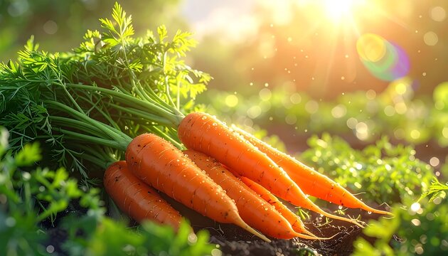 Carrots freshly harvested, resting on vibrant green foliage, bathed in warm sunlight, with a blurred field background