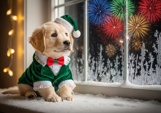 Adorable Golden Retriever puppy happily wearing an elf costume and Santa hat watching fireworks on a snowy window ledge
